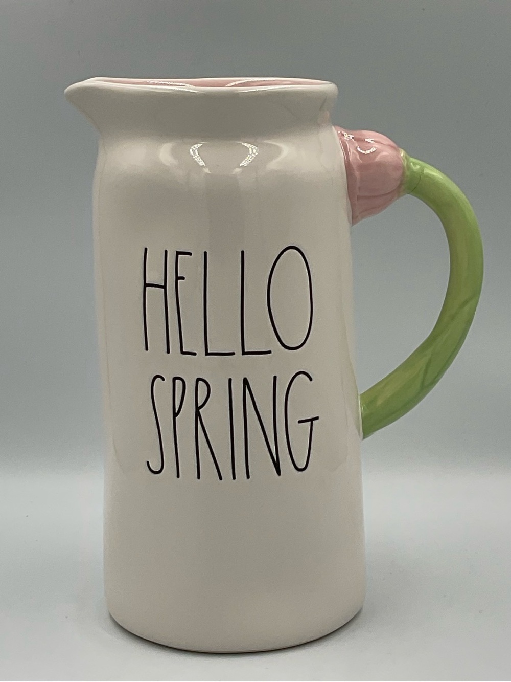 Rae Dunn “Hello Spring” Ceramic Pitcher with Pink & Green Handle